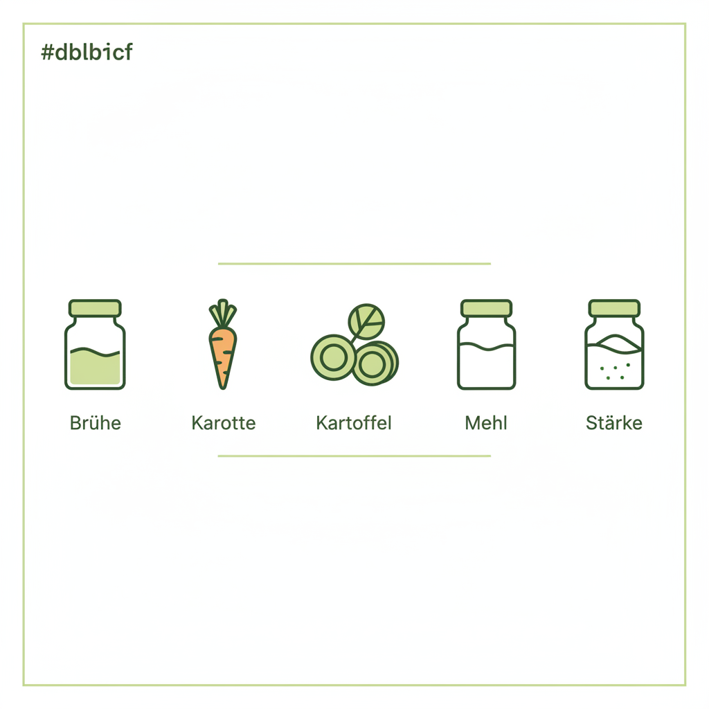 Minimalistische Vektor-Infografik mit Icons für Brühe, Karotte, Kartoffel, Mehl und Stärke zur Anleitung Gulasch Soße verlängern