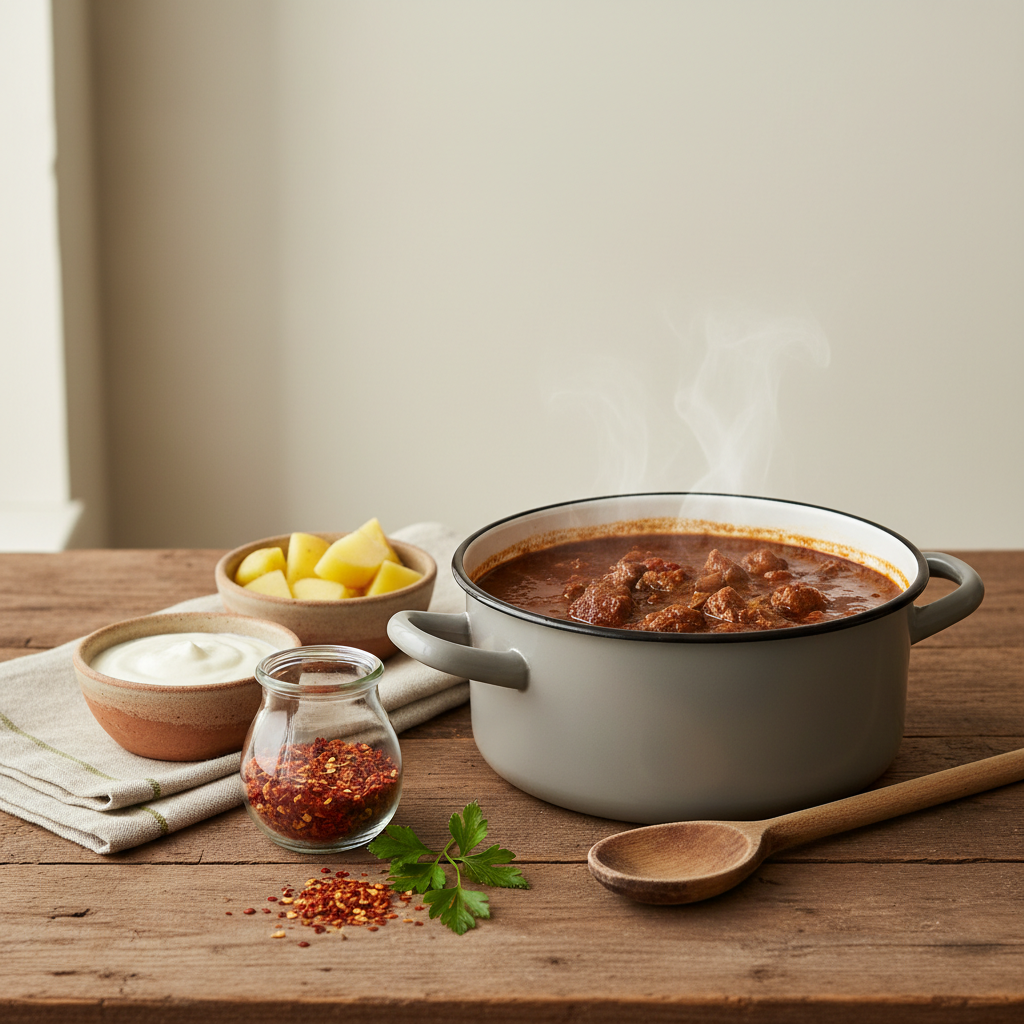 Rustikaler Gulaschtopf mit Schüsseln, Holzlöffel und Petersilie auf #dbdbcf Hintergrund, dezente Akzente #a5cd8d – Gulasch Soße verlängern in heimischer, minimalistischer Küche