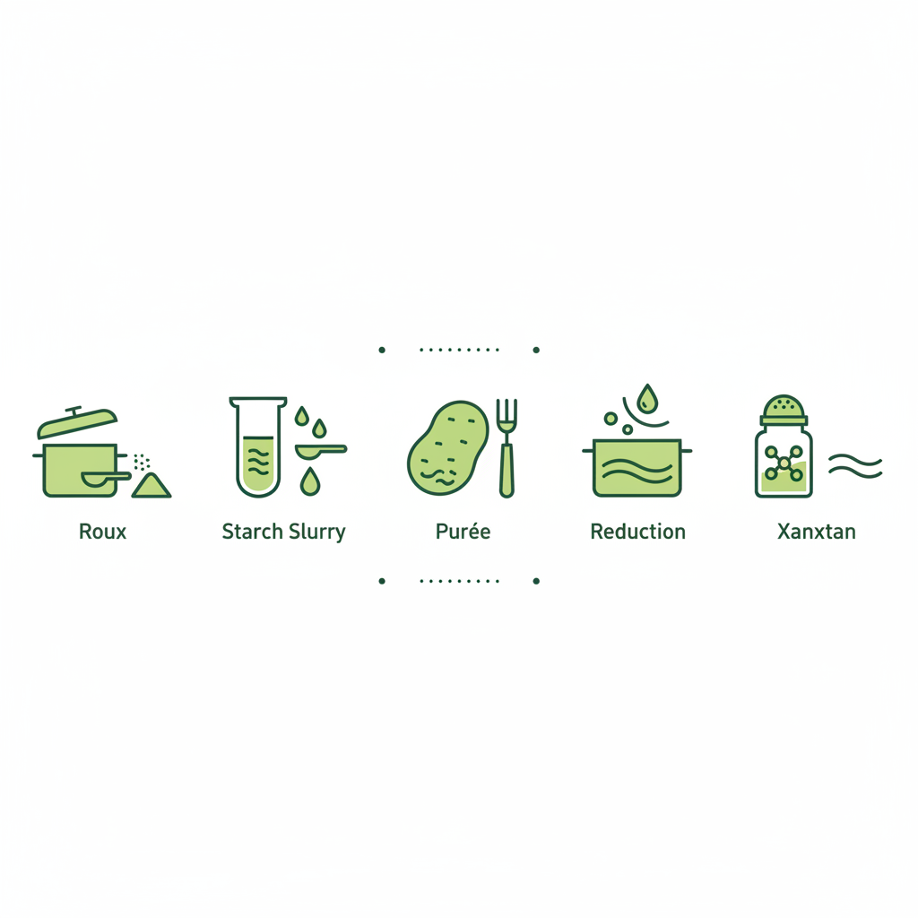 Minimalistische 2D-Vektor-Infografik mit fünf Icons zur Gulaschsuppe andicken: Mehlschwitze, Stärke-Slurry, Püree, Reduktion und Xanthan in Schnell Lecker Farben.