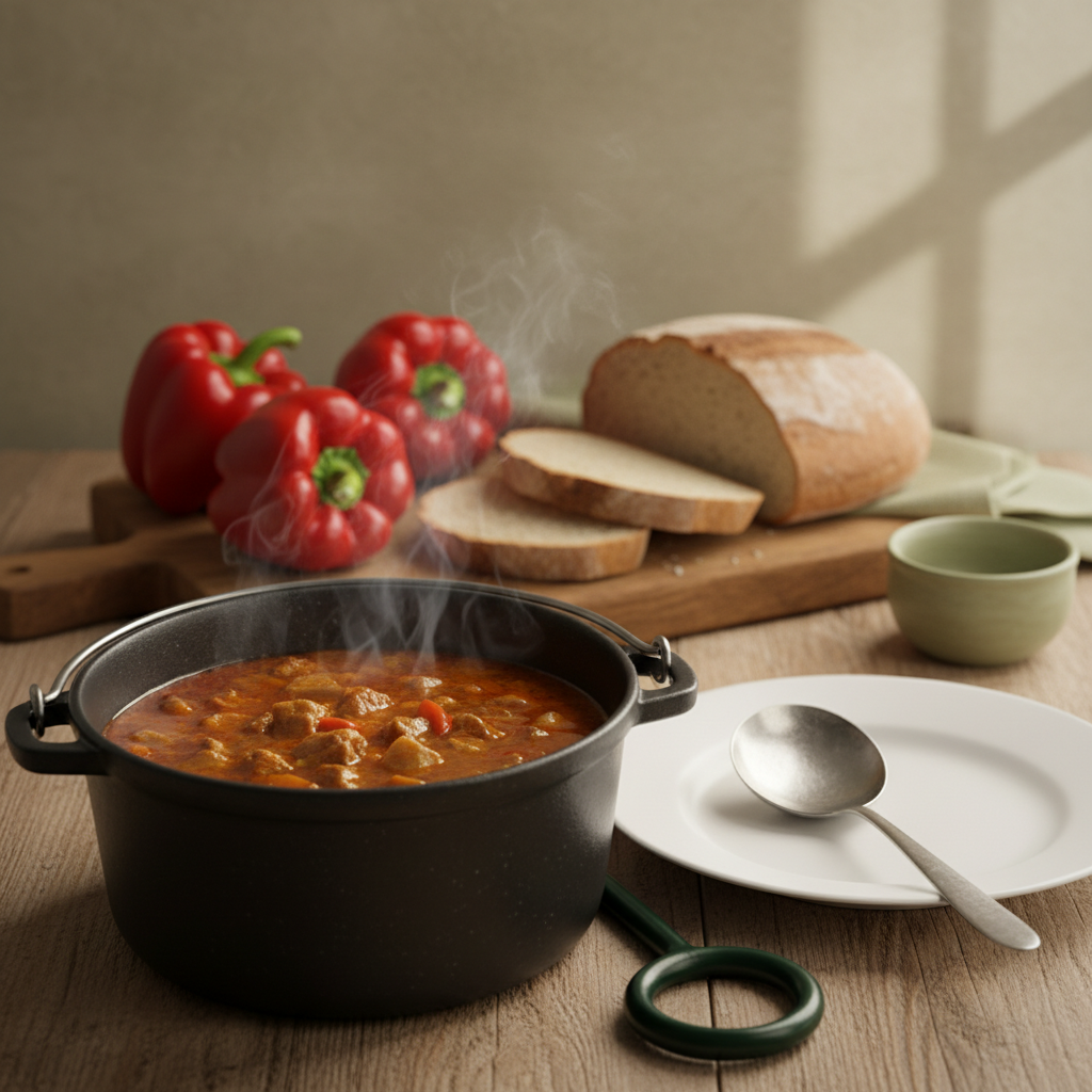 Heimelige Vollbildaufnahme eines Topfs mit sämiger Gulaschsuppe, Teller mit Suppenkelle, Paprika und Brot im Hintergrund – Gulaschsuppe andicken einfach sichtbar.