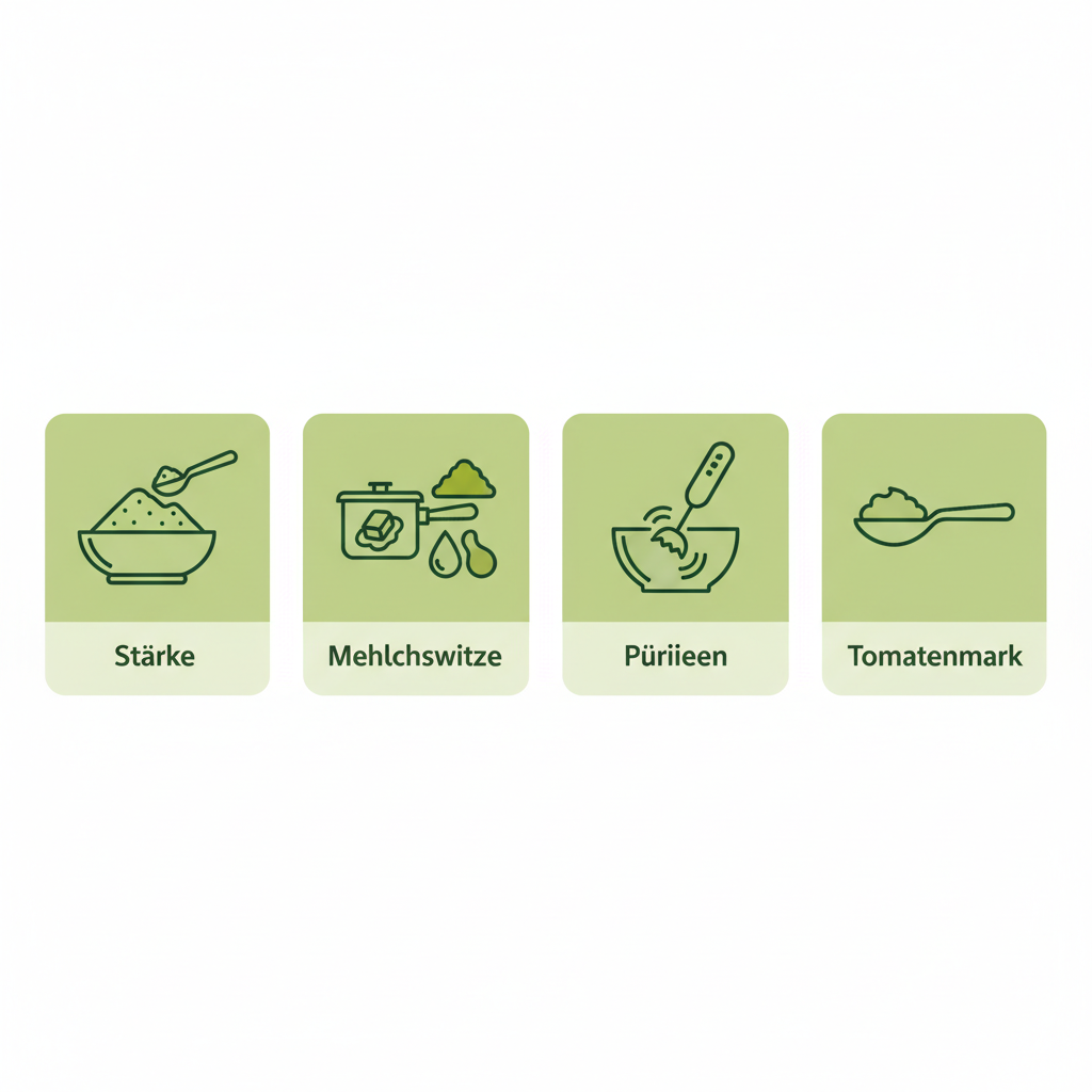 Minimalistische Vektor-Infografik mit vier Icons zeigt Wege, Gulaschsuppe dicker machen: Stärke, Mehlschwitze, Pürieren, Tomatenmark auf Hintergrund #dbdbcf