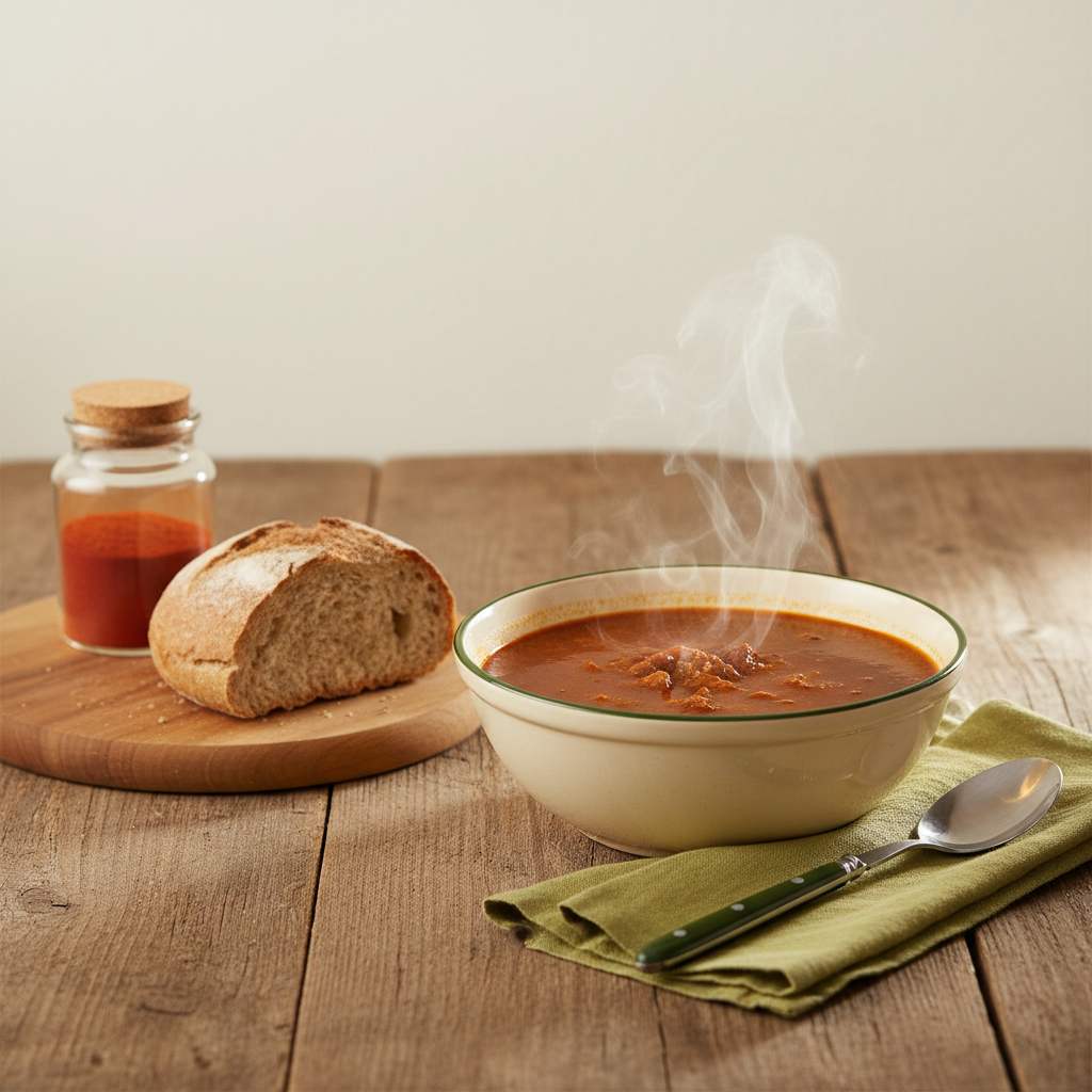 Nahaufnahme einer dampfenden Gulaschsuppe mit rustikalem Brot, Paprikapulverglas und Löffel auf Holztisch – Gulaschsuppe dicker machen