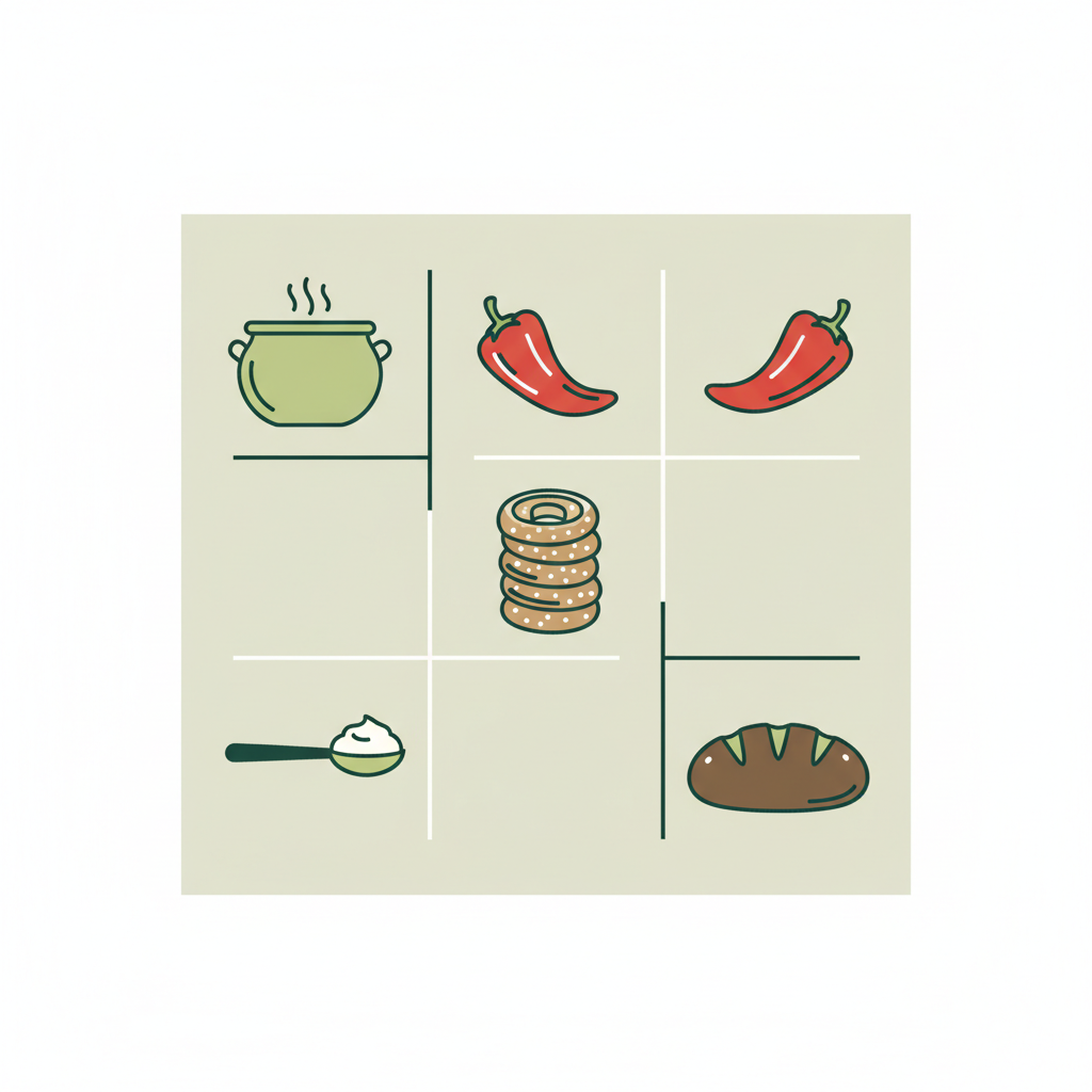 Minimalistische Vektor-Infografik mit Icons von Gulasch, Paprika, Kürtőskalács und saurer Sahne in Markenfarben, typisch ungarische gerichte