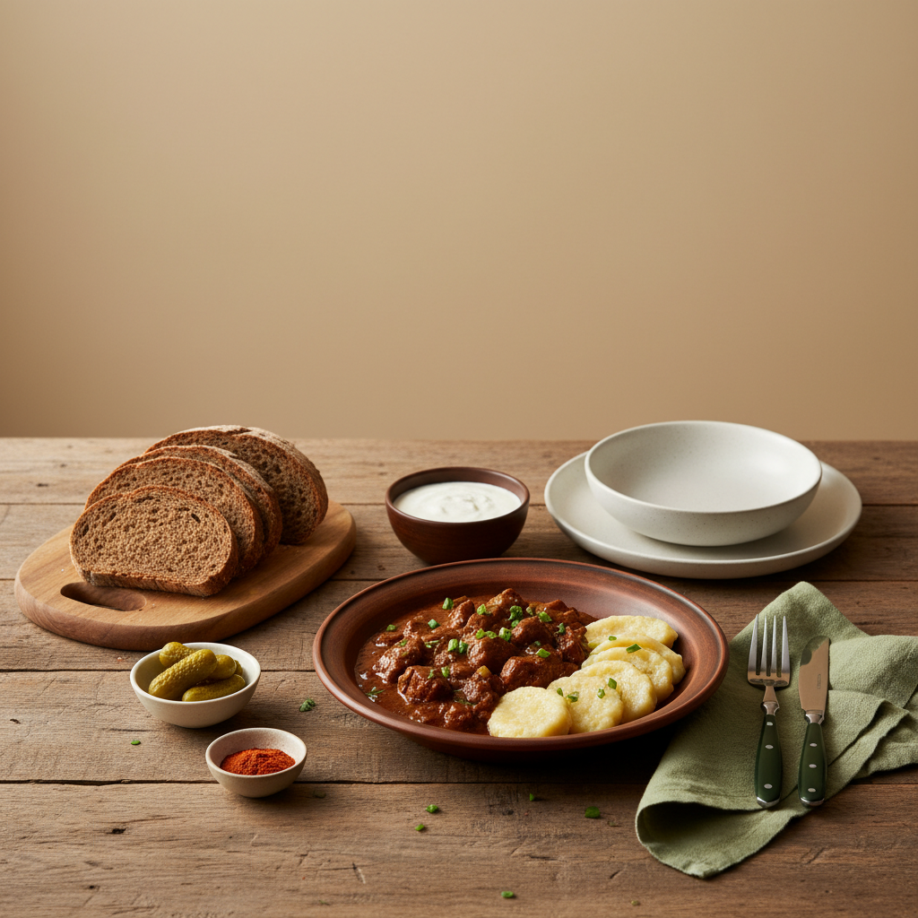 Schlichtes heimeliges Tischarrangement mit typisch ungarische gerichte: Gulasch mit Nokedli, Sauerrahm und Bauernbrot vor pastelligem Hintergrund, grüne Akzente.