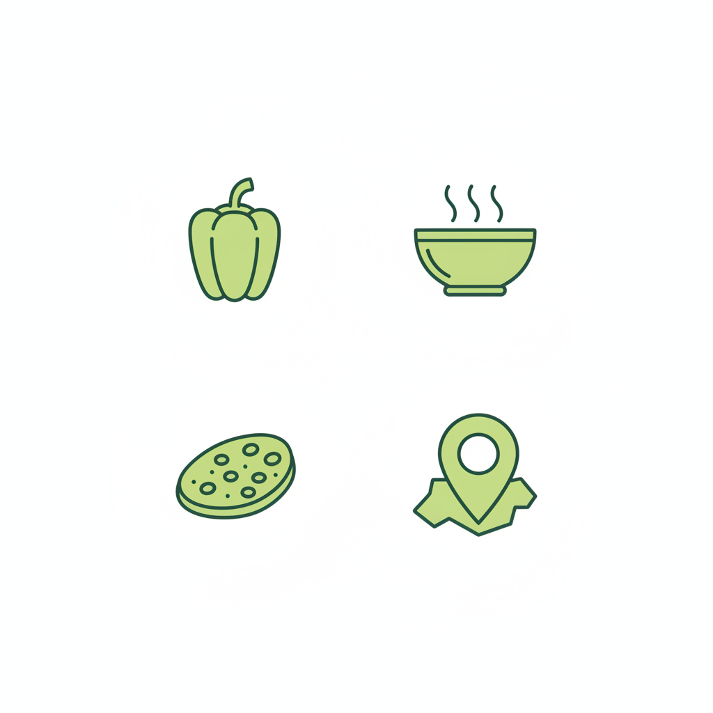 Minimalistische 2D-Vektorinfografik mit Paprika-, dampfender Gulaschschale-, Fladenbrot- und regionalen Marker-Icons, passend zum Artikel: Was Essen Ungarn am liebsten?