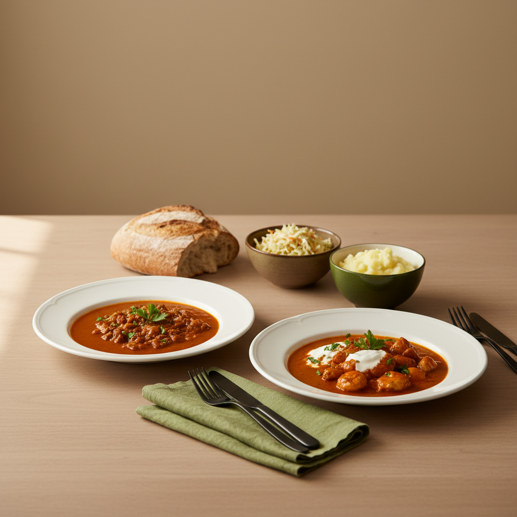 wann isst man in ungarn zu abend – gemütlich gedeckter Holztisch mit ungarisch inspirierten Speisen (Gulasch, Brot, Salat) vor neutralem Hintergrund #dbdbcf und grünen Akzenten
