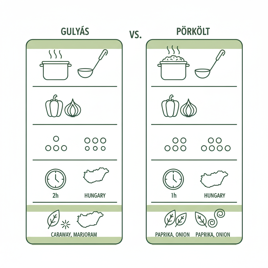 Minimalistische 2D-Vektor-Infografik: visueller Vergleich Gulyás vs Pörkölt mit klaren Icons für Zutaten, Konsistenz, Kochzeit und Region.