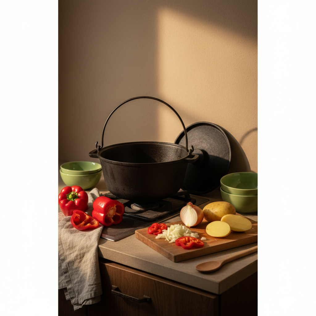 Gusseisentopf mit Gulyás-Zutaten (Paprika, Zwiebeln, Kartoffeln) auf Herd in warmer, minimalistischer Küche, Hintergrund #dbdbcf