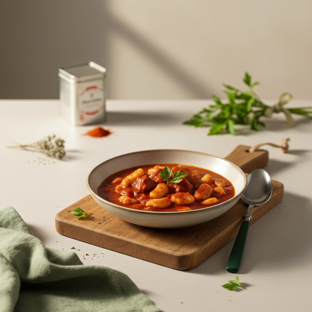 Teller mit ungarischem Gulasch und Nokedli auf rustikalem Holzbrett in warmer, minimalistischer Küchenstimmung, Hintergrund #dbdbcf, Akzent #a5cd8d