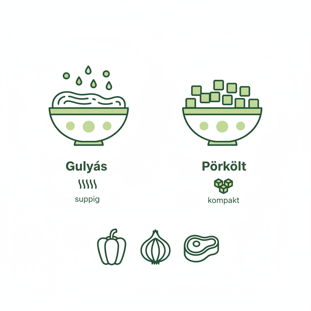 Infografik zu ungarisches Gulasch: Vektor-Icons für Gulyás vs Pörkölt, Zutaten Paprika, Zwiebel, Fleisch und Konsistenz-Visualisierung (suppig vs kompakt)