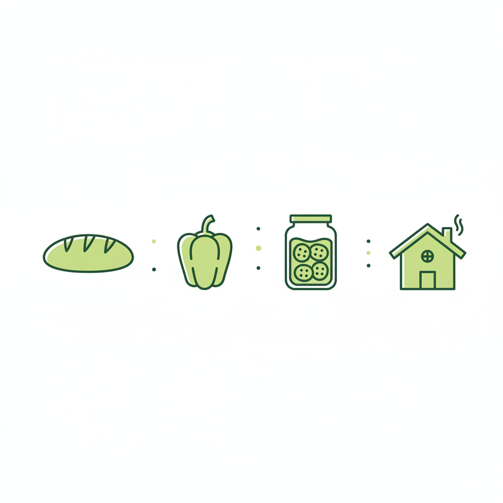 Minimalistische 2D-Vektor-Infografik mit vier Icons (Brot, Paprika, Einmachen, Räuchern) in Markenfarben für Ungarndeutsche Küche, sauberer Aufbau, kein Text.
