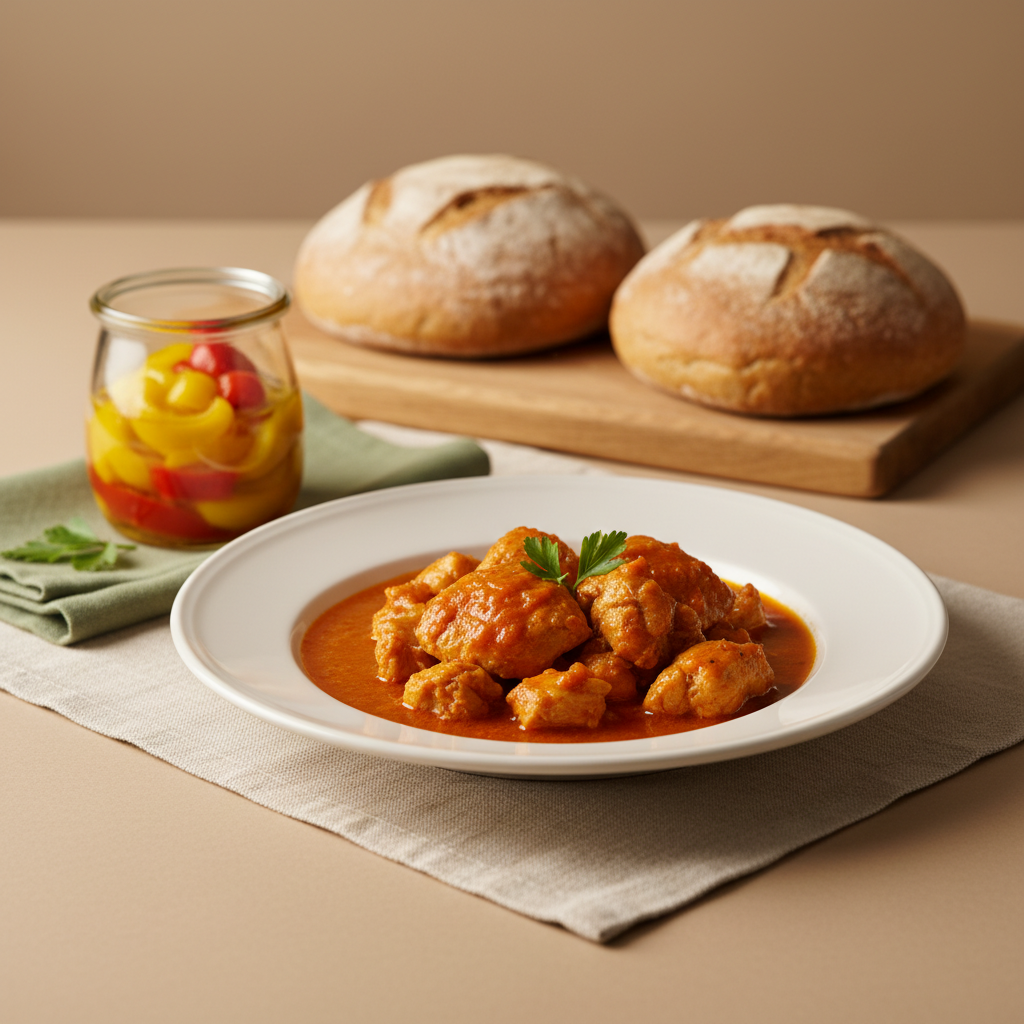 Nahaufnahme von Paprikahendl mit eingelegten Paprika und rustikalem Brot auf neutralem #dbdbcf Hintergrund, minimalistisch und warm – Ungarndeutsche Küche.
