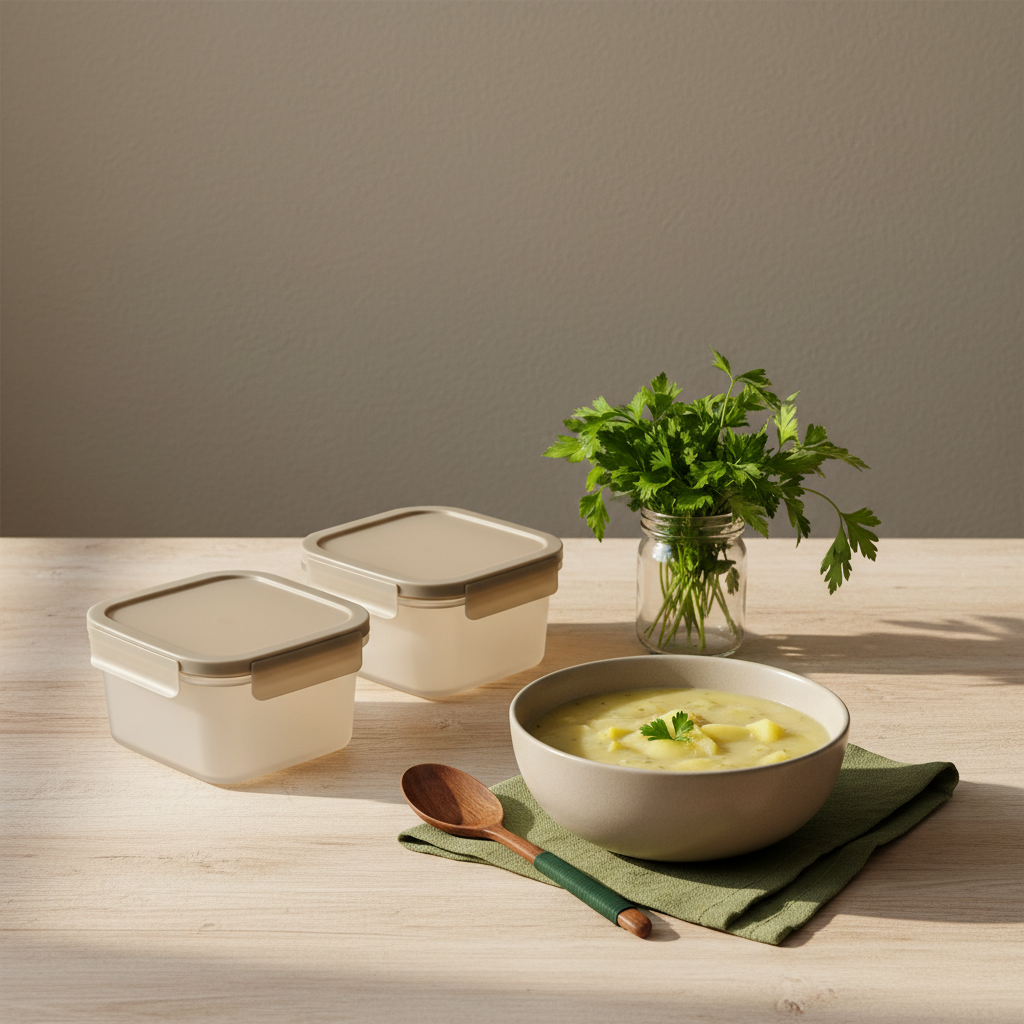 Vollbild: minimalistische heimische Küche mit Schüssel cremiger Kartoffelsuppe und gefriergeeigneten Boxen zum Kartoffelsuppe einfrieren, Holzlöffel, Serviette #a5cd8d, Hintergrund #dbdbcf