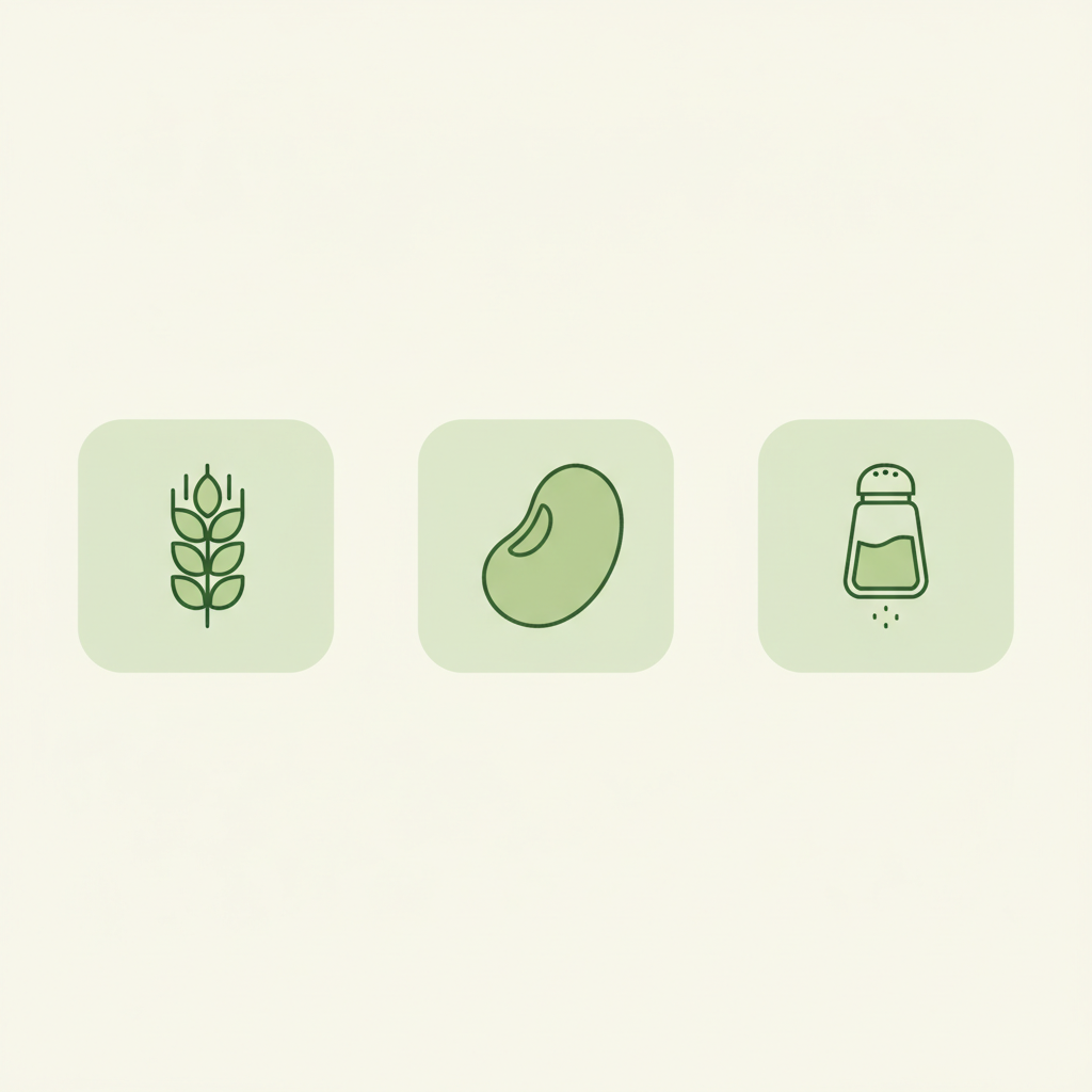 Minimalistische 2D-Vektor-Infografik mit drei Icons für Ballaststoffe, Protein und weniger Salz, passend zur Kartoffelsuppe