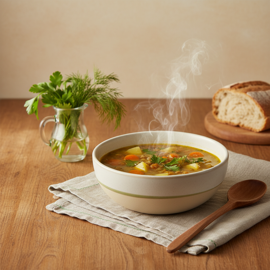 Heimische Kartoffelsuppe mit Möhren und Linsen in Keramikschale auf Holztisch, Leinenserviette und frische Kräuter im Glas, minimalistisches warmes Küchen-Setting