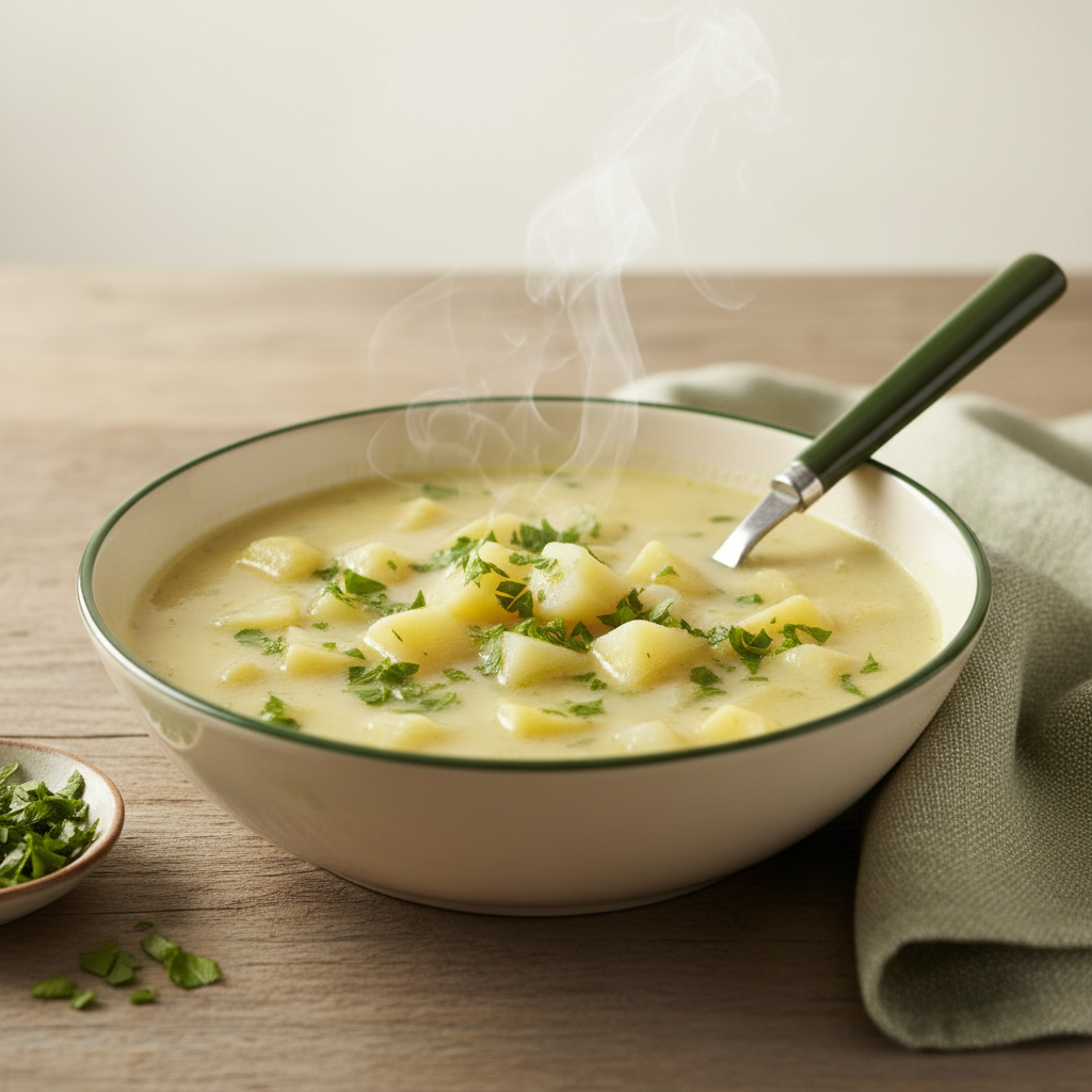 Nahaufnahme einer warmen Kartoffelsuppe mit sichtbaren Kartoffelwürfeln und Kräutern auf rustikalem Holztisch, dezente Markenfarben #dbdbcf und #a5cd8d – Welche Kartoffeln eignen sich am besten für Kartoffelsuppe?