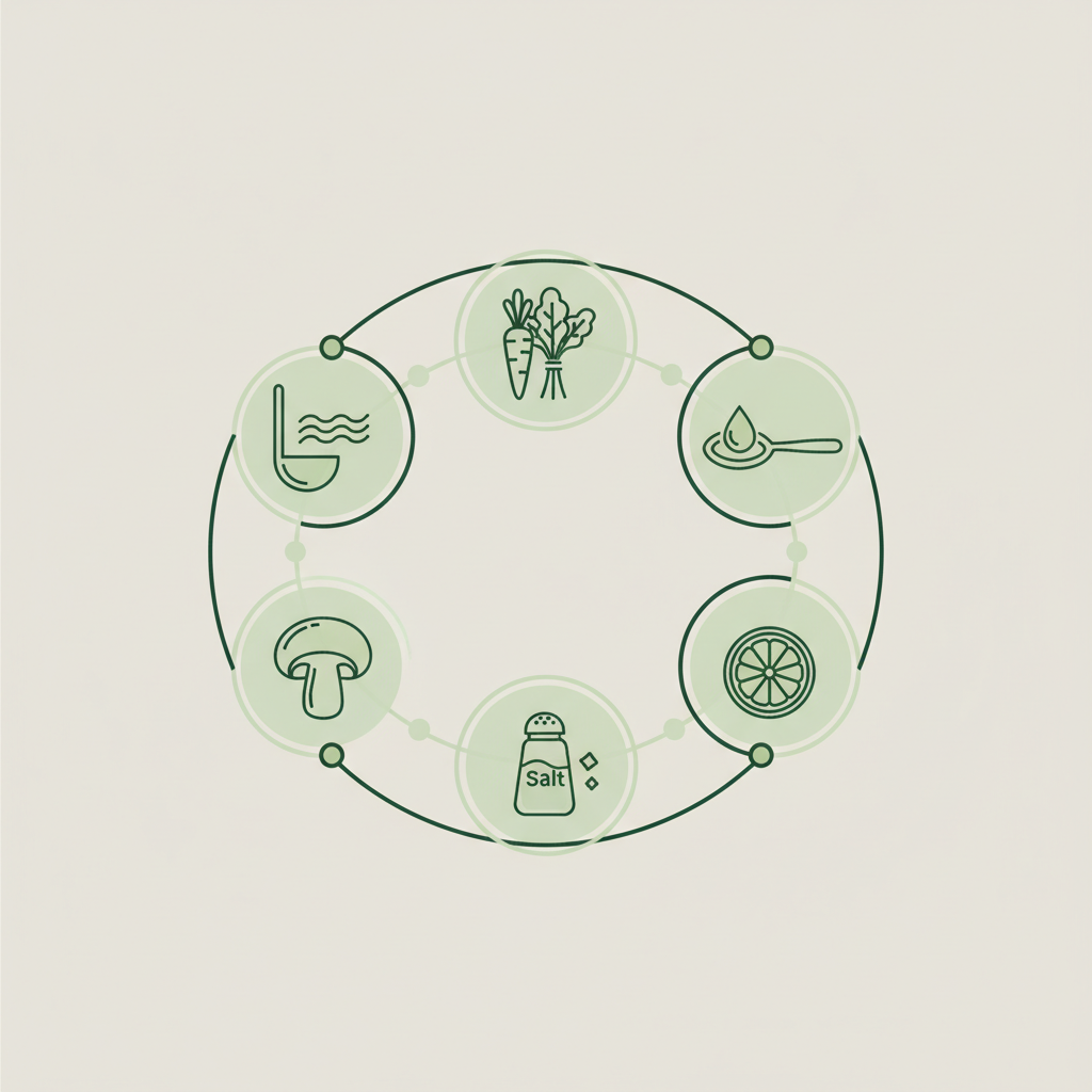 Was darf in einer Suppe nicht fehlen: minimalistische 2D-Vektor-Infografik mit Icons für Brühe, Gemüse, Fett, Umami, Salz und Säure vor Hintergrund #dbdbcf.