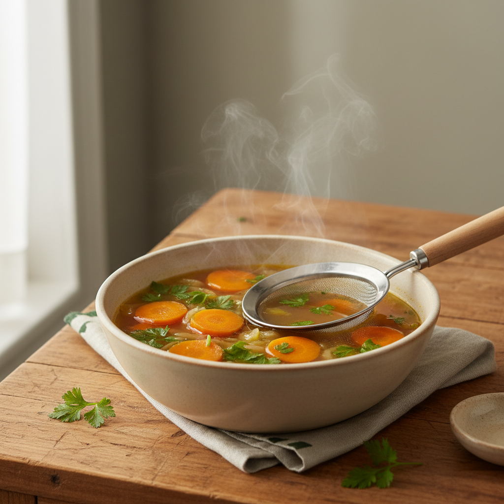 Was darf in einer Suppe nicht fehlen: Dampfende Schüssel mit Karotten, Zwiebeln und Schöpfer auf Holztisch, natürliches Licht, minimalistischer Hintergrund #dbdbcf, dezente #a5cd8d-Akzente