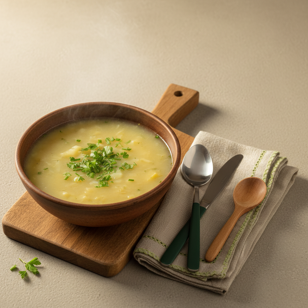 Rustikaler Teller Kartoffelsuppe auf Holzbrett mit frischen Kräutern, Löffel und minimalistischer Küche im Hintergrund #dbdbcf, Akzente #a5cd8d.