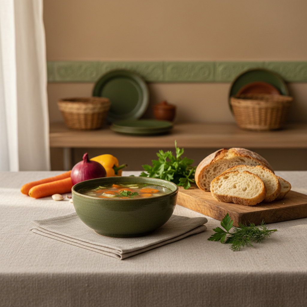 Heimelige Küchenszene mit Suppenschüssel, Bauernbrot und frischen Kräutern auf neutralem #dbdbcf Hintergrund – Motiv zum Thema Suppen nicht einfrieren.