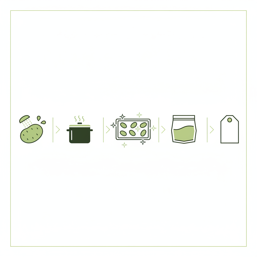 Infografik mit fünf minimalistischen Vektor-Icons (Waschen, Blanchieren, Vorfrieren, Verpacken, Beschriften) in Markenfarben. Welche Fehler werden beim Einfrieren von Kartoffeln häufig gemacht?