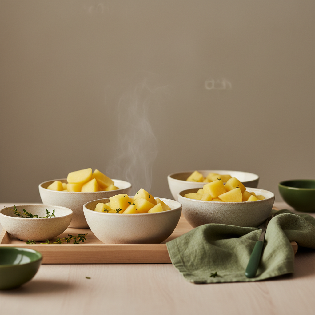 Nahaufnahme gedeckter Küchentisch mit vorgekochten, portionierten Kartoffelwürfeln in Schalen — Welche Fehler werden beim Einfrieren von Kartoffeln häufig gemacht?
