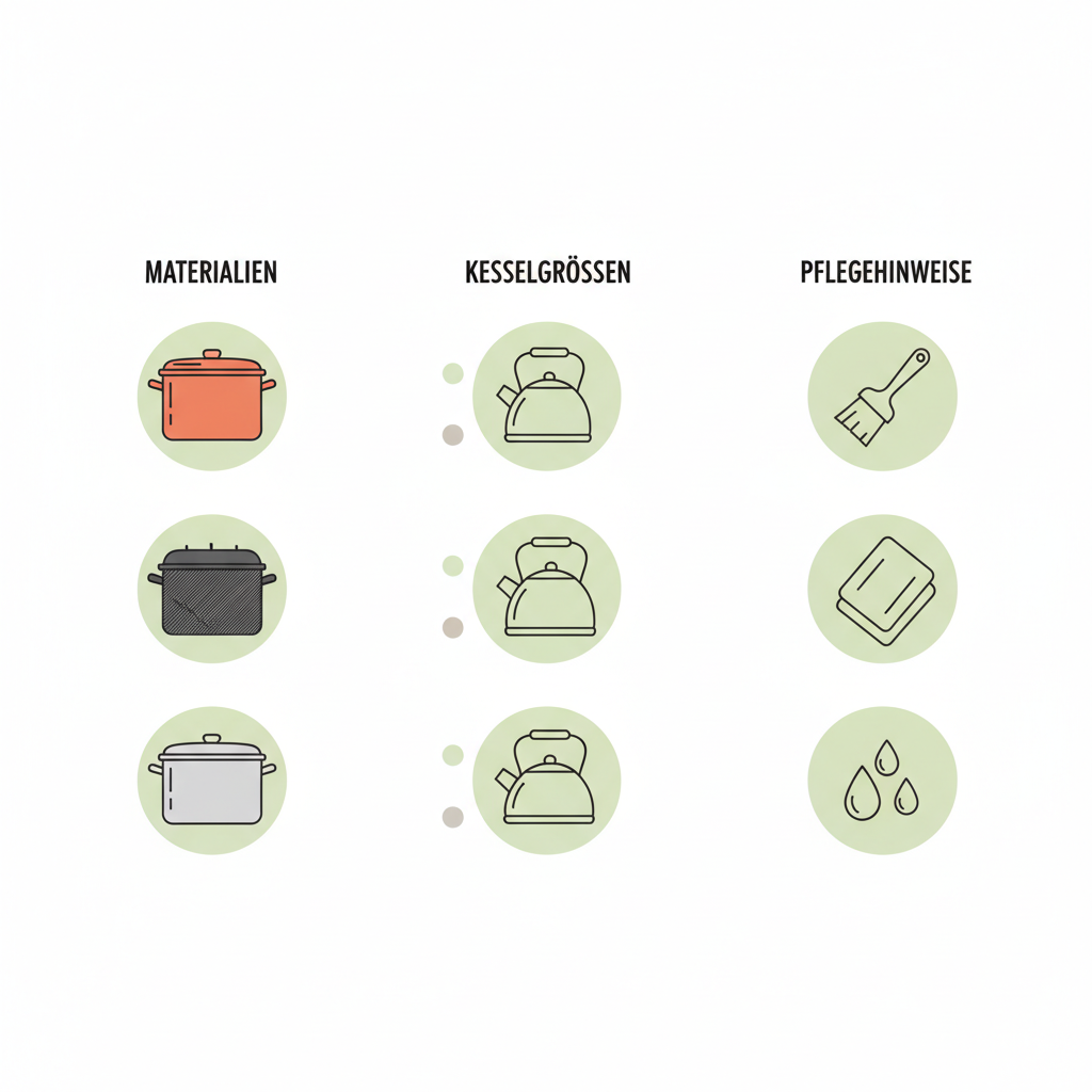 Minimalistische 2D-Vektor-Infografik zu bogrács: Icons für Materialien (Kupfer, Gusseisen, Stahl), Kesselgrößen und Pflegehinweise in Schnell Lecker Farben