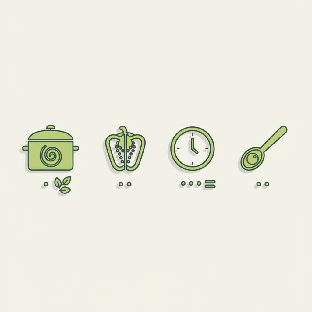 Minimalistische 2D-Vektor-Infografik mit vier Icons (Topf, Paprika, Uhr, Löffel) in Markenfarben, klares Layout passend für ein gulyásleves-Rezept