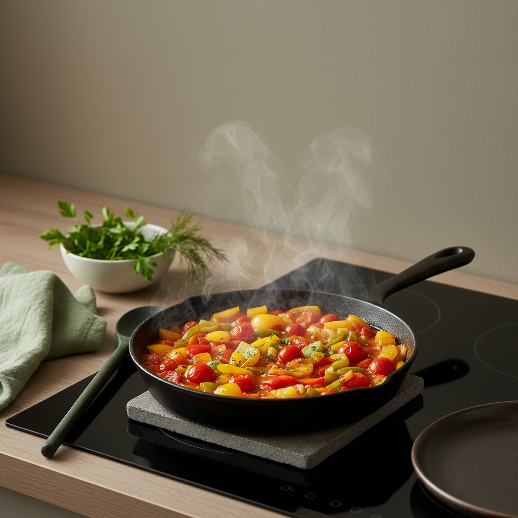 Nahaufnahme eines dampfenden ungarischen Gemüseeintopfs (Lecsó) mit bunten Paprika und Tomaten in hellem, minimalistischen Küchenambiente, Markenfarben dezent sichtbar — ungarischer Gemüseeintopf.