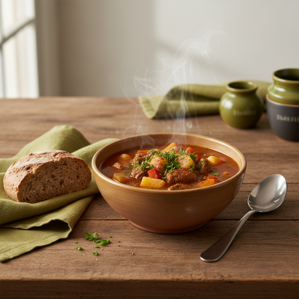 Gulaschsuppe Menge pro Person – Fullframe-Foto einer heimeligen Gulaschsuppe in Keramikschüssel auf rustikalem Tisch, warme Farben #dbdbcf, Akzent #a5cd8d