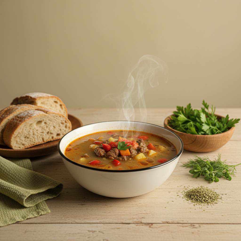 Gulaschsuppe gesund: Teller mit Gulaschsuppe, rustikalem Brot und Schüssel frischer Kräuter auf minimalistischer, warmer Küchentafel in Markenfarben