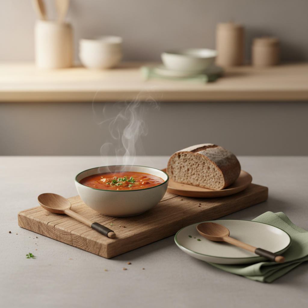 Dampfende Gulaschsuppe mit dunklem Brot auf minimalistischem Tisch, grüne Serviette (#a5cd8d) vor hellem Hintergrund #dbdbcf – wo gibt es die beste Gulaschsuppe