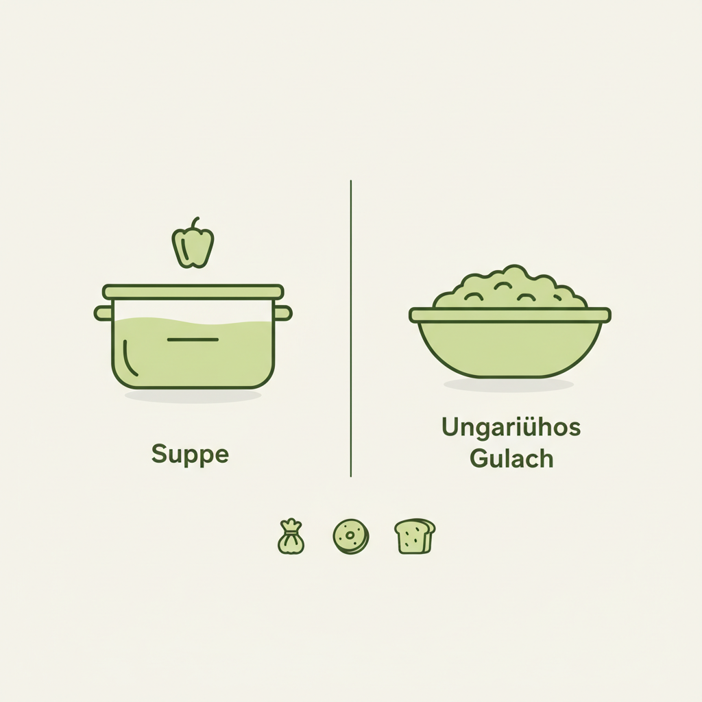 Minimalistische 2D-Vektor-Infografik zeigt Unterschiede zwischen ungarisches Gulasch und Suppe (Brühenmenge, typische Beilagen) in Schnell Lecker Farbpalette