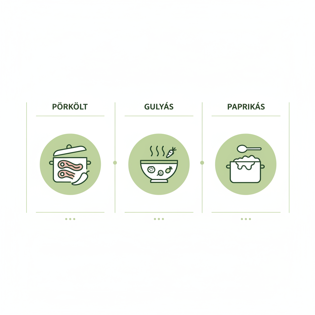 Minimalistische Vektor-Infografik vergleicht Pörkölt, Gulyás und Paprikás mit drei klaren Icons in Markenfarben #dbdbcf, #a5cd8d und #21431f.