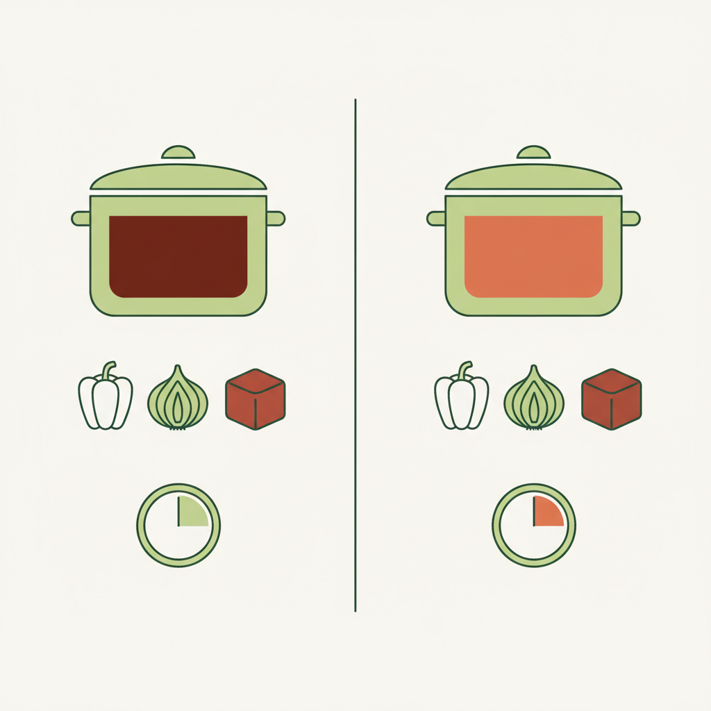 Minimalistische Vektor-Infografik vergleicht Pörkölt vs Gulasch mit Topf-Icons, Flüssigkeitslevel, Zutaten-Piktogrammen und Kochdauer-Symbolen im Schnell Lecker Farbstil