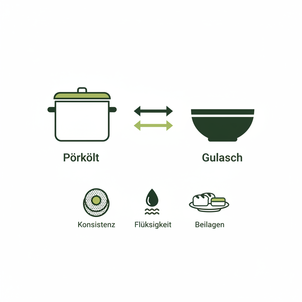 Minimalistische 2D-Vektor-Infografik mit Topf-Icon für Pörkölt, Schale für Gulasch, Pfeile dazwischen und Icons für Konsistenz, Flüssigkeit und Beilagen in Schnell Lecker-Farben