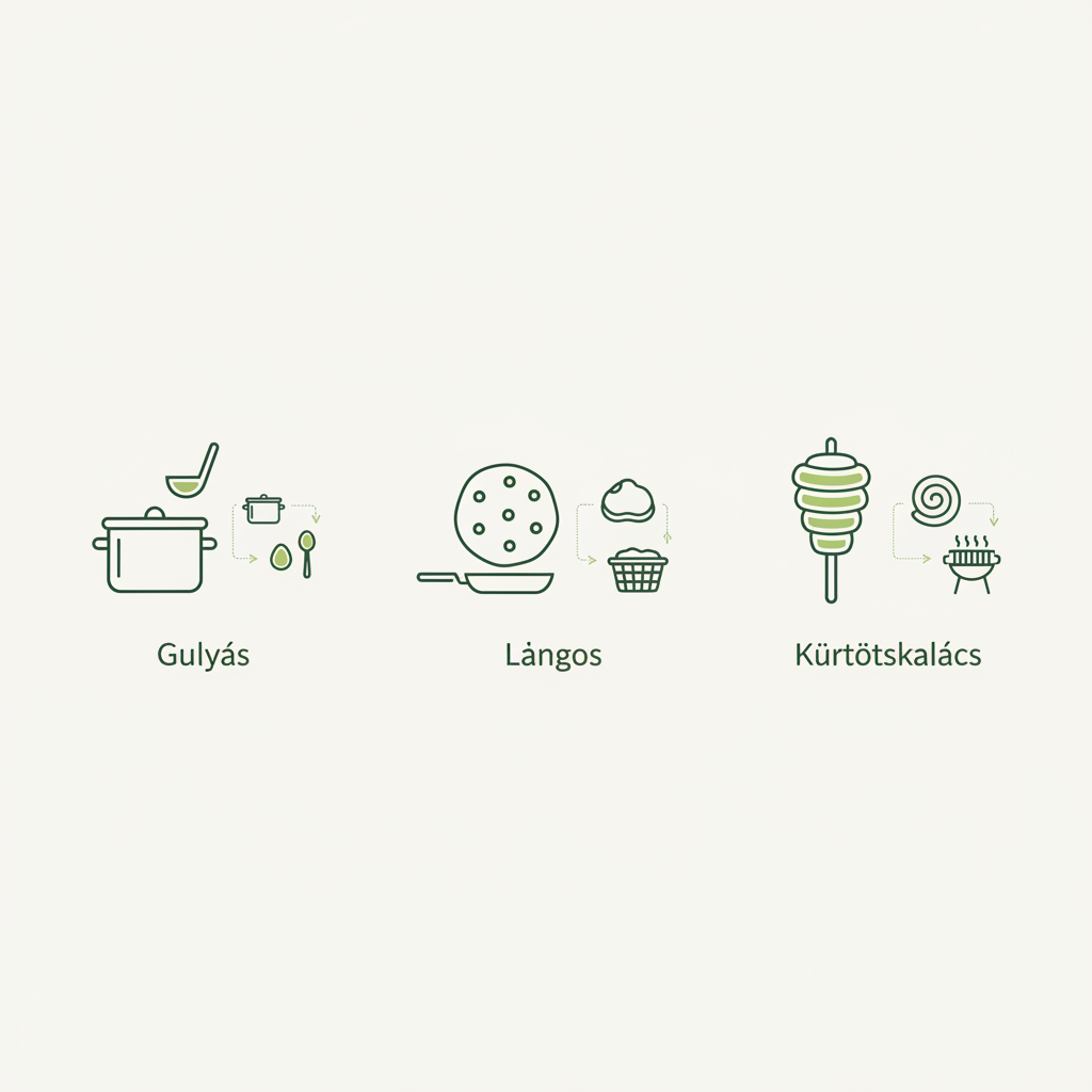 Minimalistische Vektor-Infografik mit Icons für Gulyás, Lángos und Kürtőskalács und symbolischen Zubereitungsschritten, ungarische Spezialitäten
