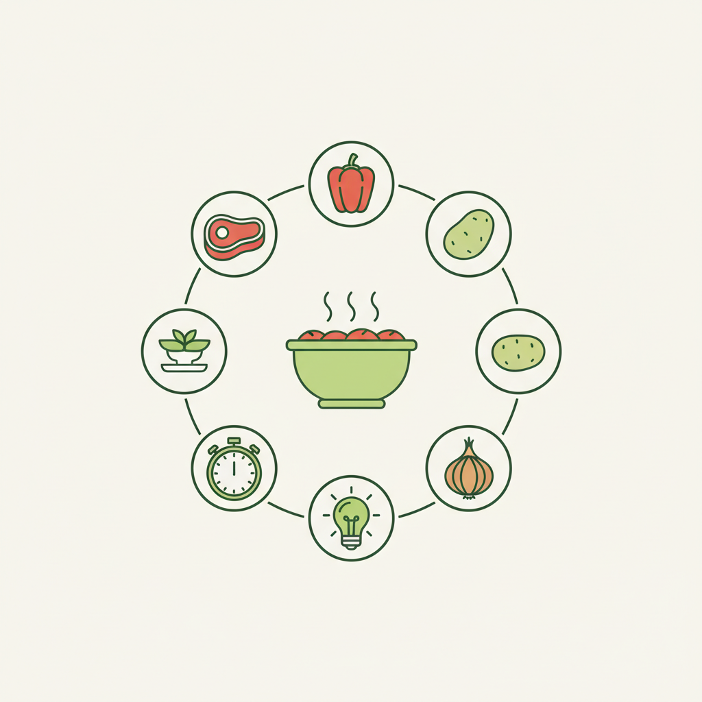 Minimalistische 2D-Vektor-Infografik zu Gulyásleves mit Icons für Zutaten, Kochzeit und Tipps in Schnell Lecker Markenfarben.