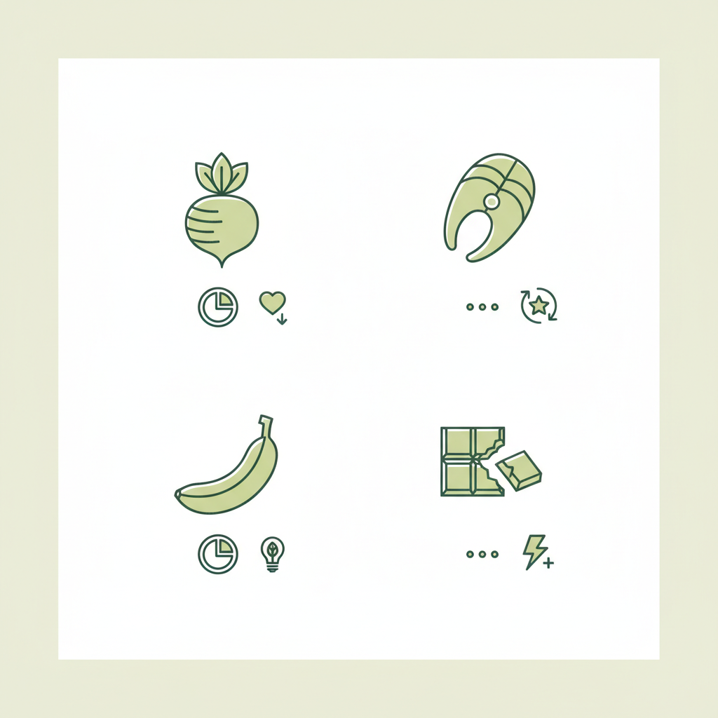 Minimalistische 2D-Vektor-Infografik mit Roter Bete, Fisch, Banane und Schokolade als blutdrucksenkende Lebensmittel, Portionssymbole und Wirkungs-Piktogramme.