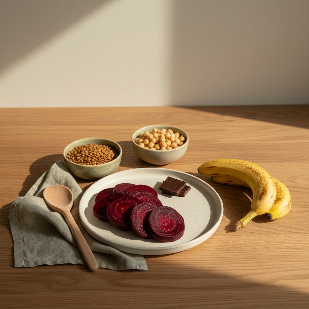 Heimeliges, minimalistisches Tischarrangement mit blutdrucksenkenden Lebensmitteln: Rote Bete, Bananen, Hülsenfrüchte und dunkle Schokolade vor Hintergrund #dbdbcf