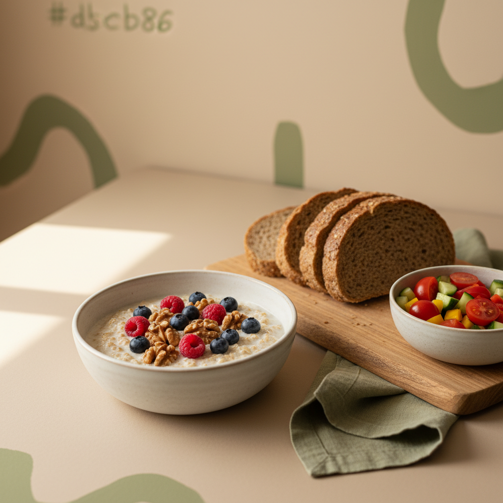Was sollte man jeden Tag essen: Minimalistische Küchentischszene mit Haferflocken, Beeren, Nüssen, Vollkornbrot und frischem Gemüse vor Hintergrund #dbdbcf.