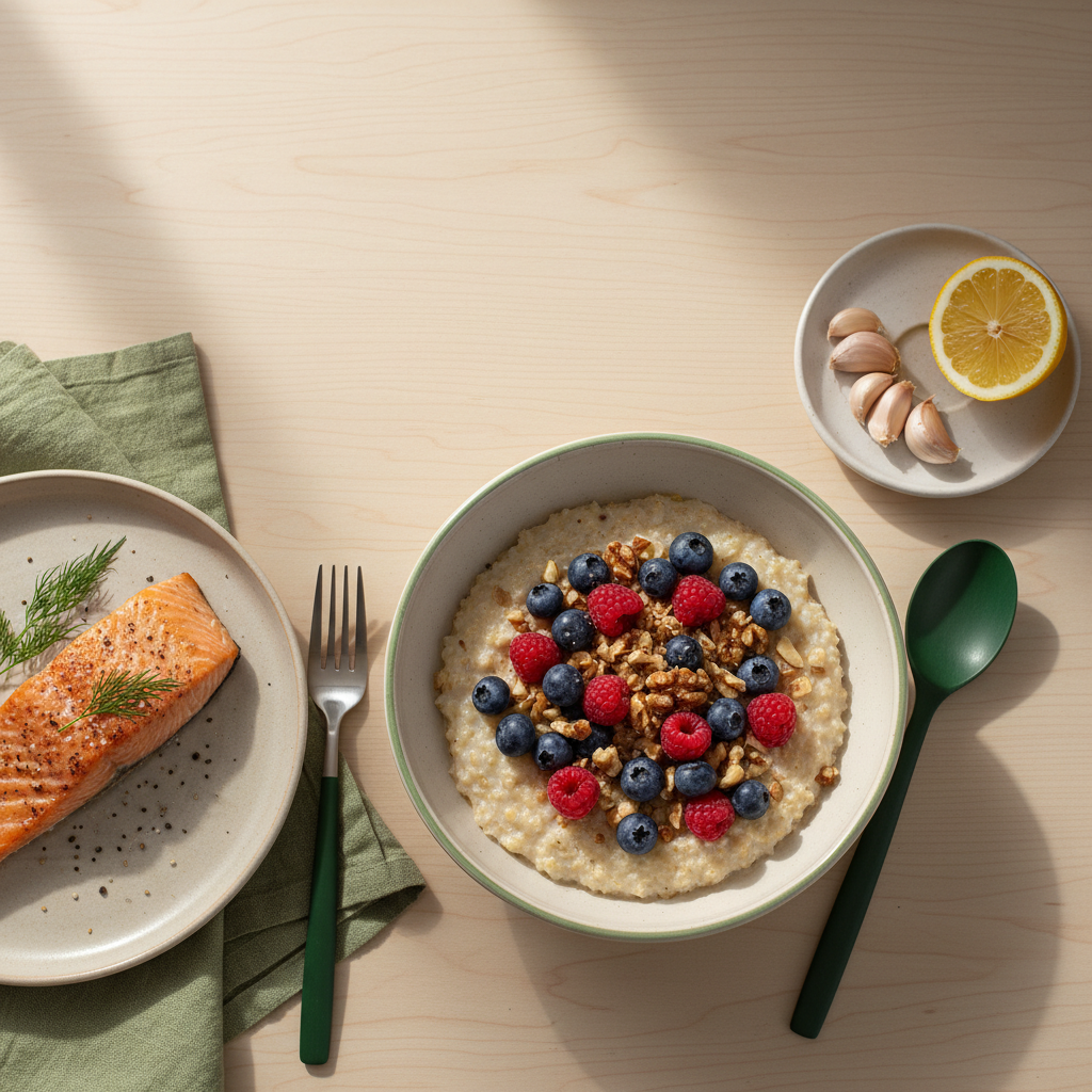 Vollbild: Minimalistische Homey-Mahlzeit mit Haferbrei (Beeren, gehackte Nüsse), kleine Platte mit Knoblauch und Zitrone, gebackener Lachs – Arterien reinigen
