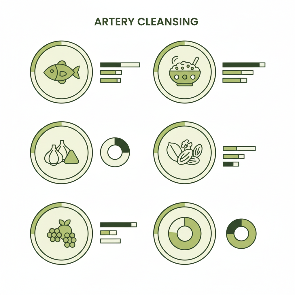 Minimalistische Vektor-Infografik Arterien reinigen mit Icons für Fisch, Hafer, Knoblauch, Nüsse und Beeren sowie visuellen Portions-Charts in Schnell-Lecker Farben