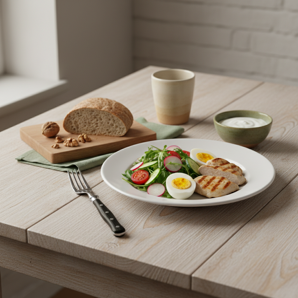 Vollbildaufnahme eines minimalistischen Küchentisches mit gesunden Lebensmittel zum Abnehmen: Teller mit Salat, Ei, magerem Protein und Vollkornbrot vor #dbdbcf Hintergrund.