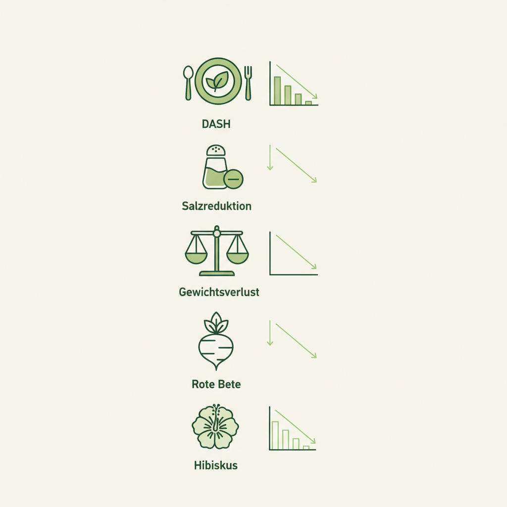 Minimalistische 2D-Vektor-Infografik: natürliche Blutdrucksenker als fünf Icons (DASH, Salzreduktion, Gewichtsverlust, Rote Bete, Hibiskus) mit abfallenden Balken in Markenfarben.