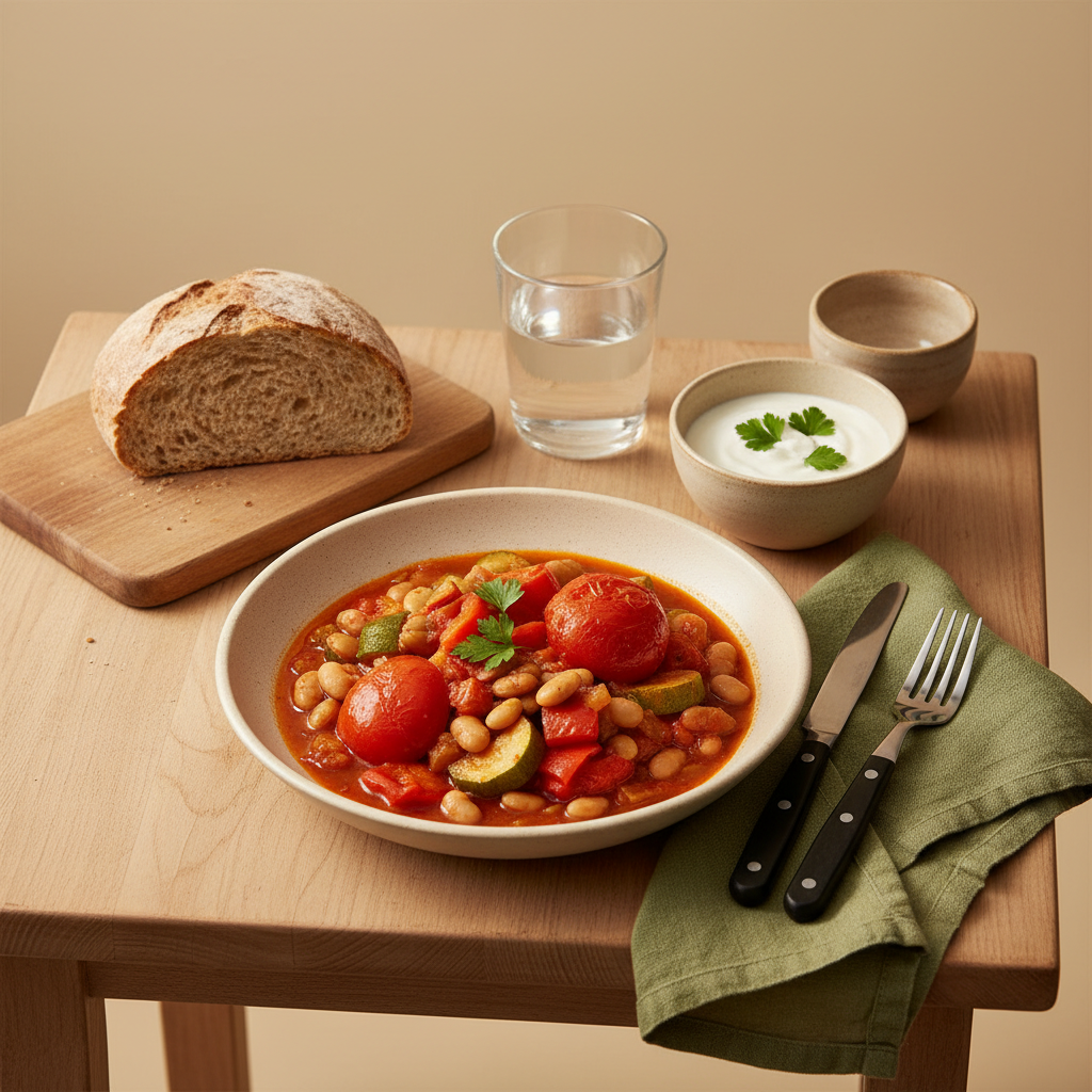 Minimalistische mitteleuropäische Mahlzeit mit Gemüse-Eintopf, Vollkornbrot und frischen Kräutern in heimischer Küche auf hellem Hintergrund – Blutdruck schnell senken
