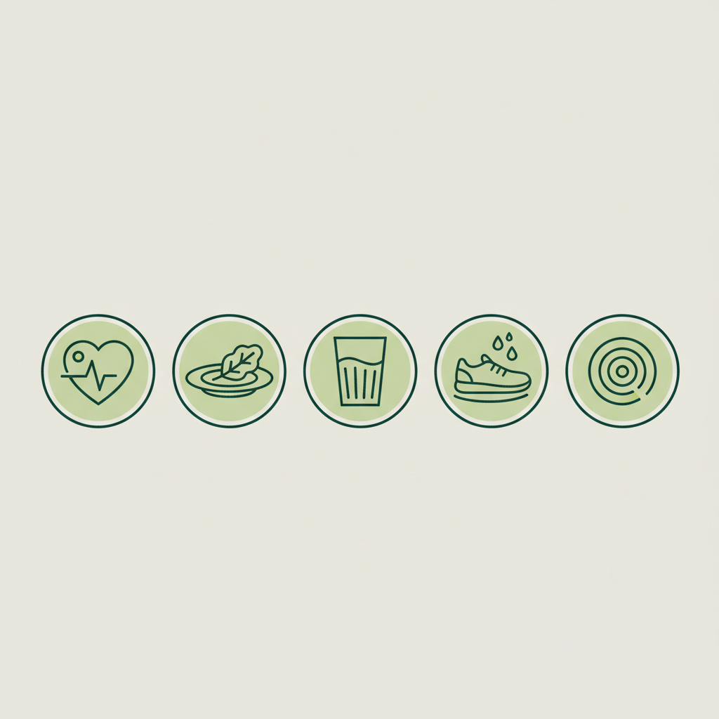 Minimalistische 2D-Vektor-Infografik in Schnell-Lecker-Farben mit fünf Icons (Herz, Teller mit Gemüse, Wasserglas, Schuh, Atemsymbol), zur Illustration wie Blutdruck schnell senken.