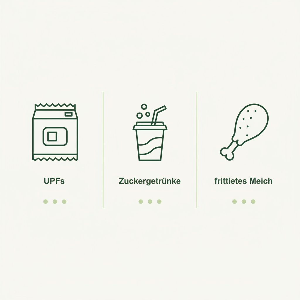 Minimalistische 2D-Vektor-Infografik mit drei Icons (UPFs, Zuckergetränke, frittiertes Fleisch) zur Illustration von Lebensmittel für den Darm