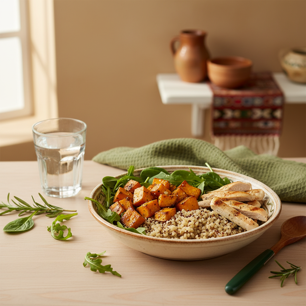 Minimalistische Quinoa-Bowl mit gerösteter Süßkartoffel, grünen Blättern und Protein als gesundes Abendessen vor beigem Hintergrund mit dezenten grünen Akzenten.