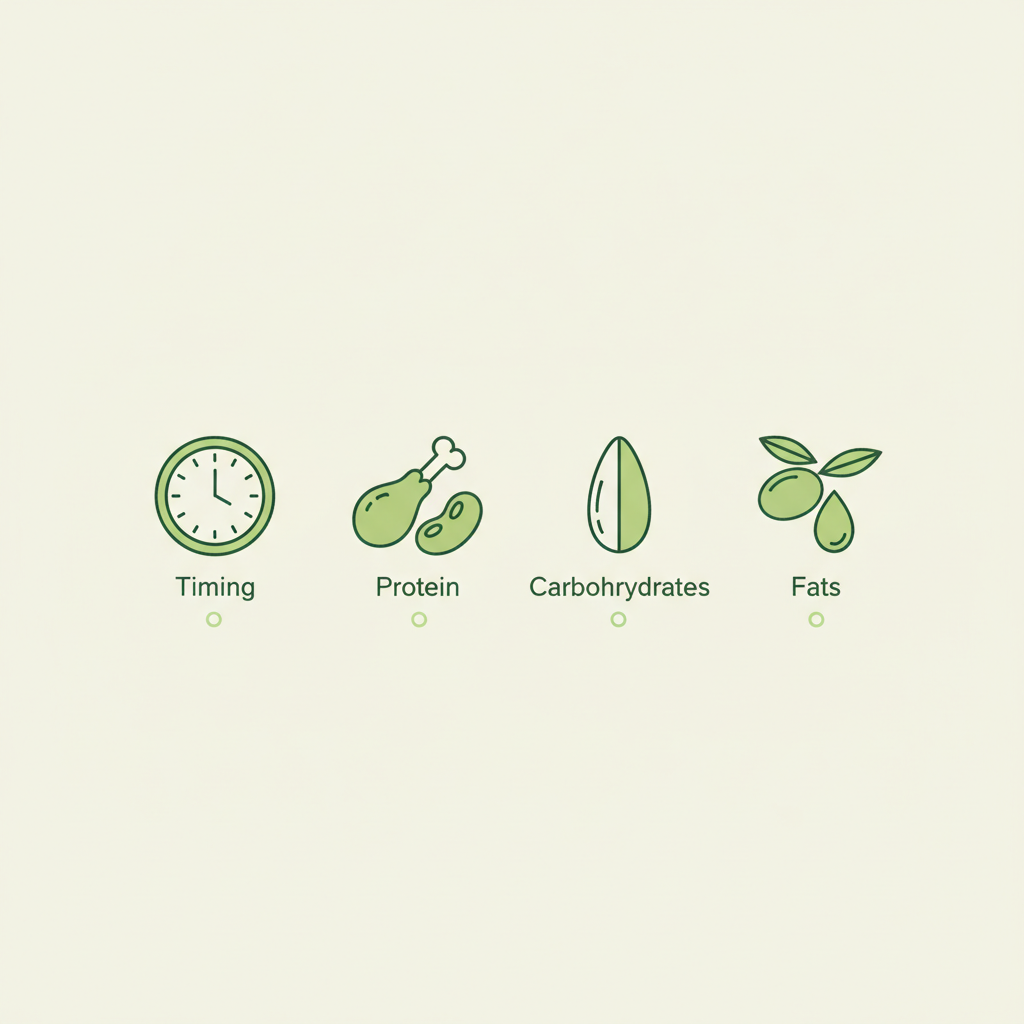 Minimalistische 2D‑Vektor‑Infografik mit Uhr, Protein-, Kohlenhydrat- und Fett‑Piktogrammen auf #dbdbcf Hintergrund für gesundes Abendessen